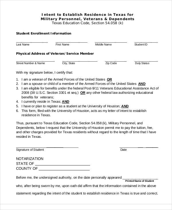military student letter of intent