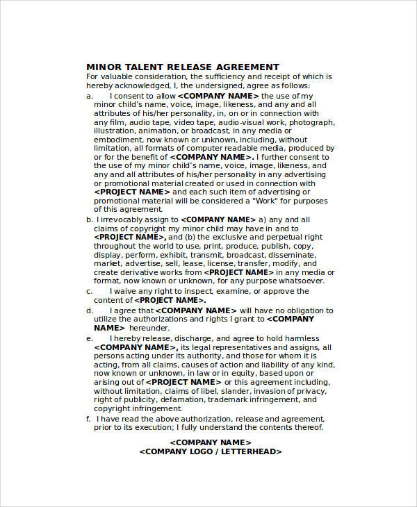 minor talent release agreement form