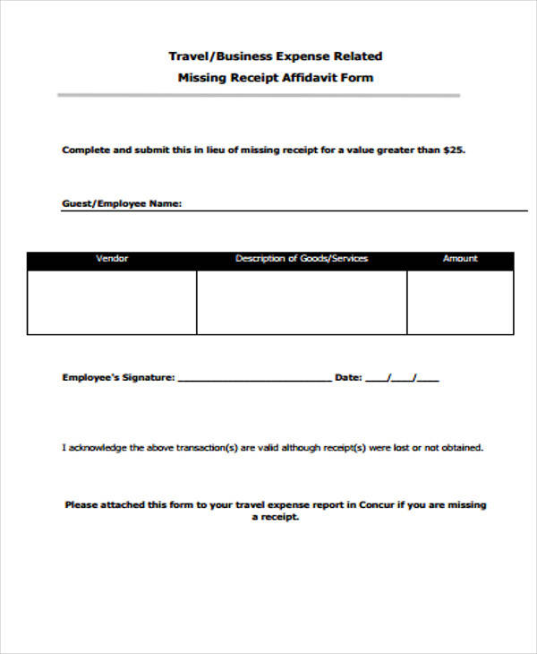 missing receipt affidavit form2