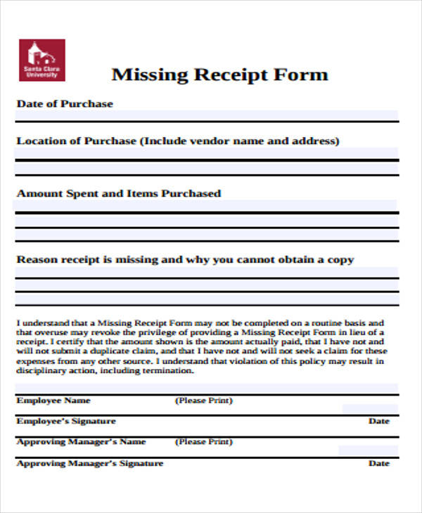 missing receipt form