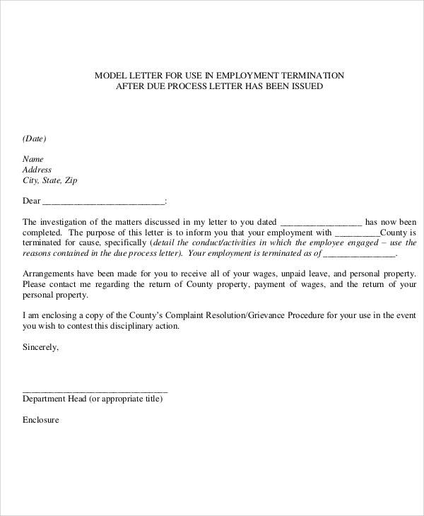 model employee termination letter