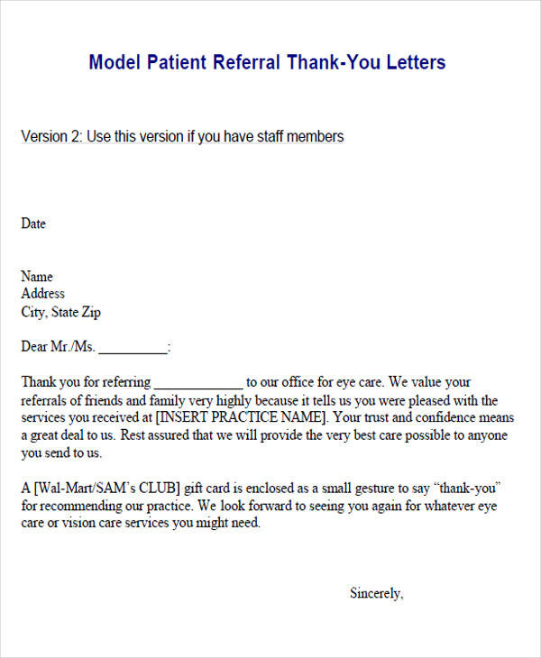 Thank You To Doctor And Staff Doctor Referral Thank You Letter