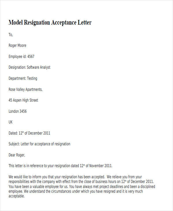 model resignation acceptance letter