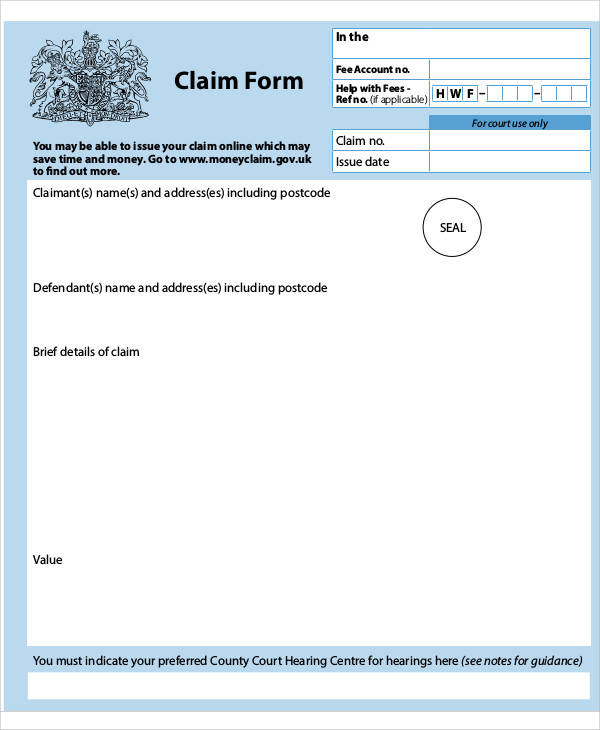 money claim form sample