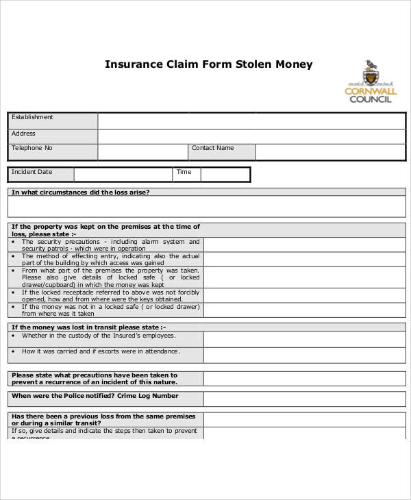 money insurance claim form