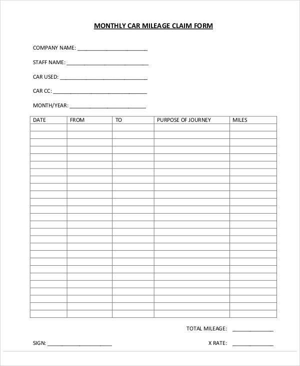 monthly car mileage claim form