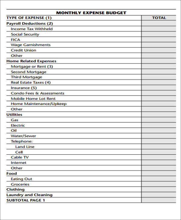 monthly expenses budget form1