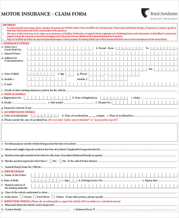 motor insurance claim form