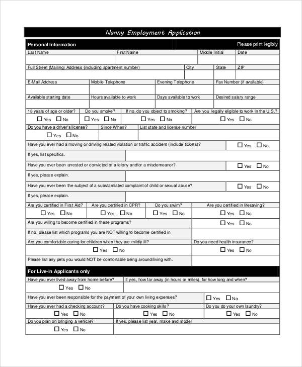 nanny employment application form