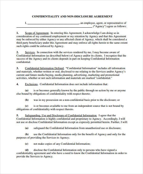 non disclosure confidentiality agreement form