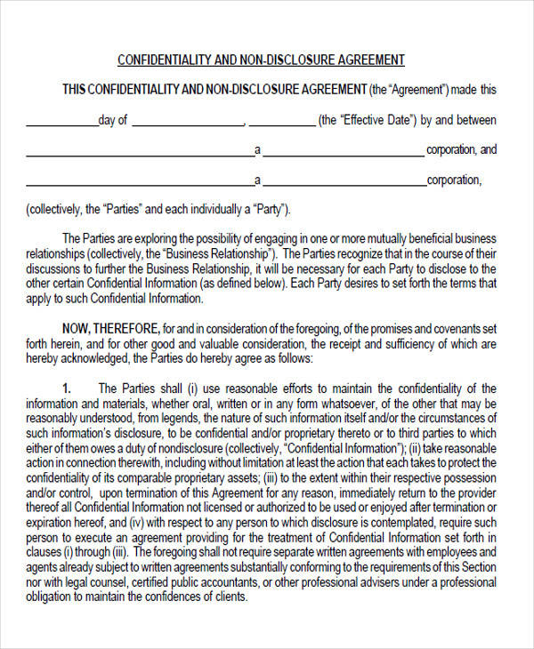 non disclosure confidentiality agreement form1