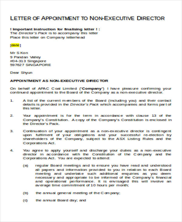 non executive director appointment letter