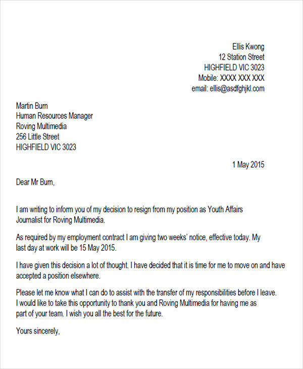 Draft Letter Of Resignation Template