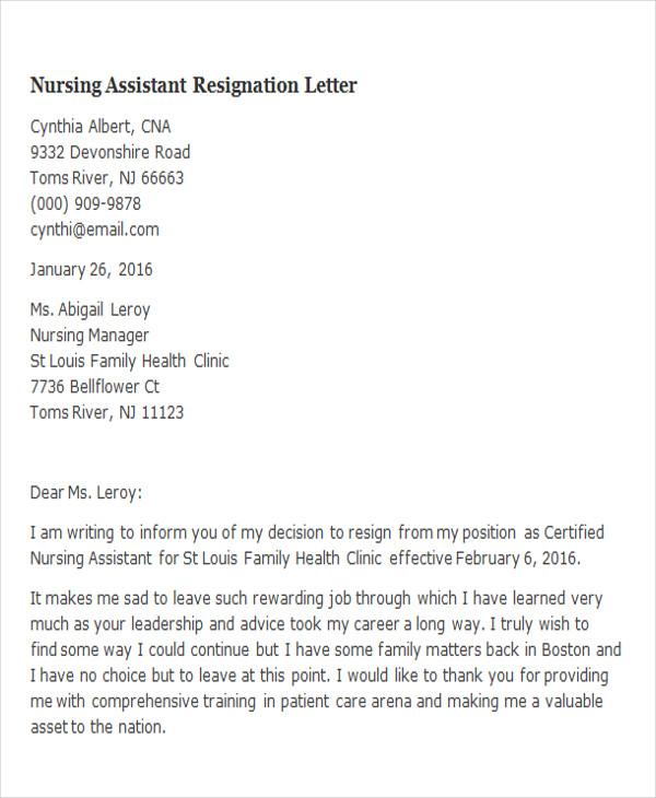 nursing assistant resignation letter