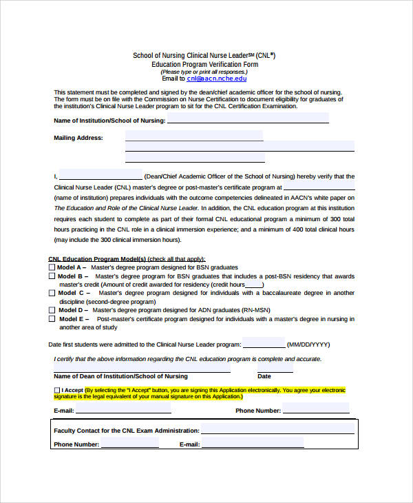 nursing education verification form