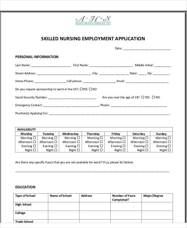 nursing employment application form