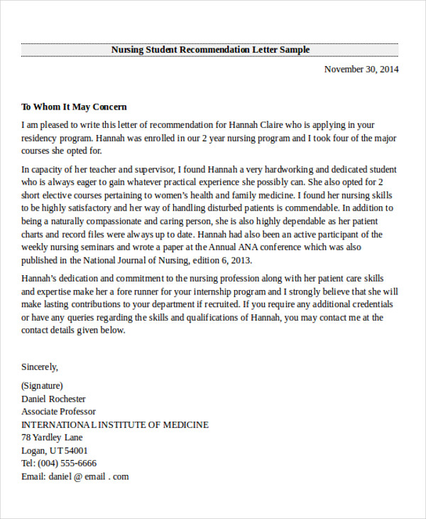 nursing student reference letter