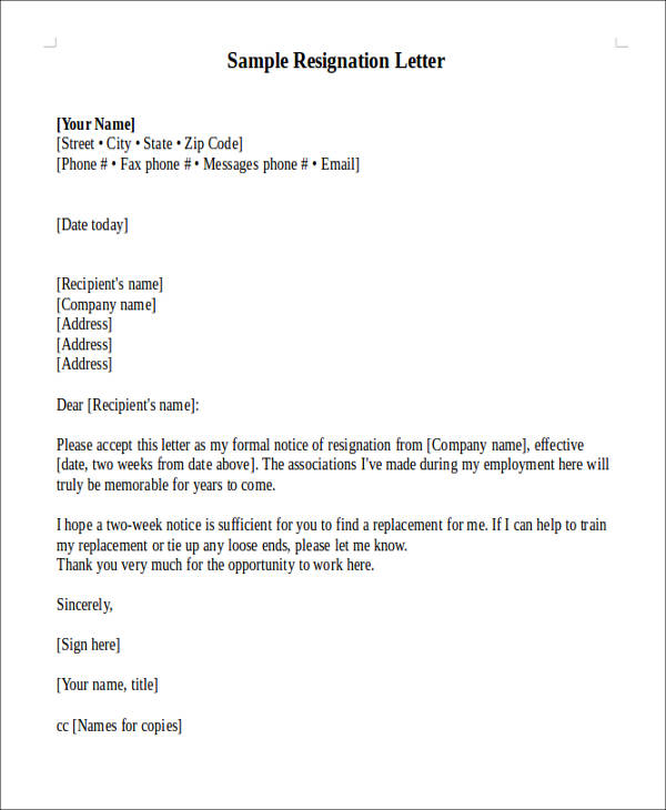 Resignation Letter Doc Sample Resignation Letter
