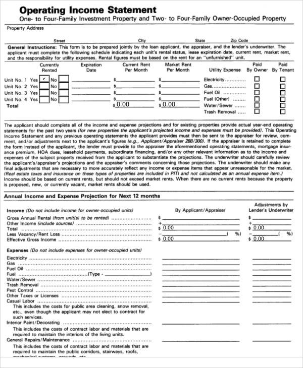 Appraisal Form 216 Operating Income Statement