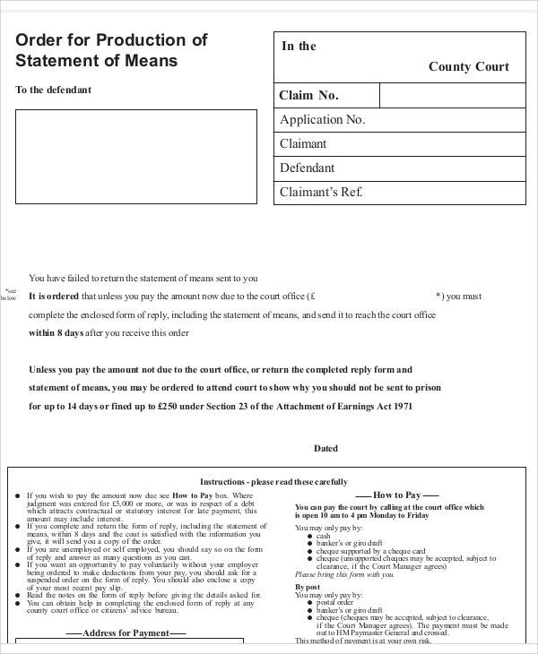 order of production statement of means form1