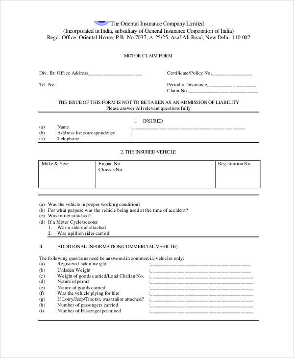 oriental insurance claim form