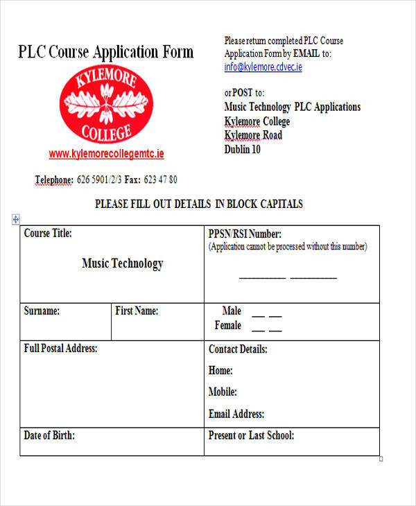 plc course application form