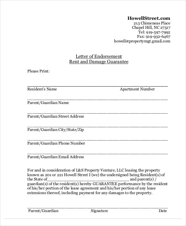 parent rent guarantee letter