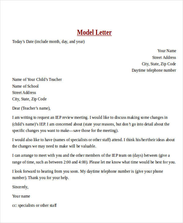 parent teacher meeting request letter