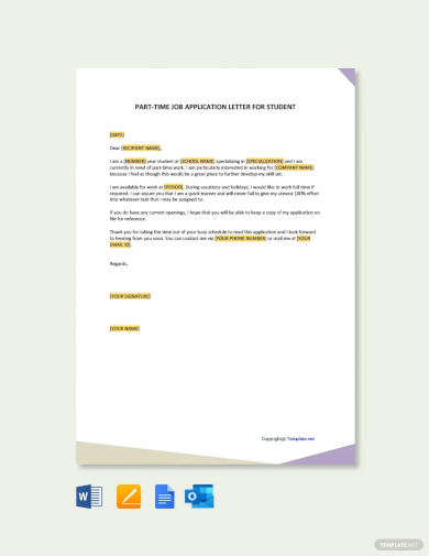 part time job application letter for student template