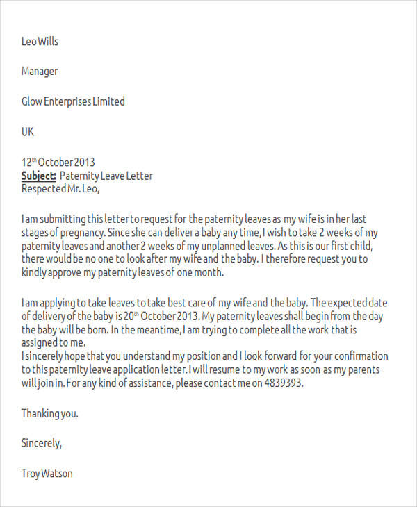 paternity leave letter to employer