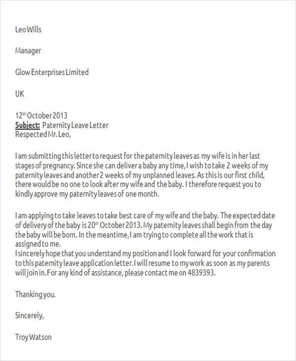 application letter for paternity leave