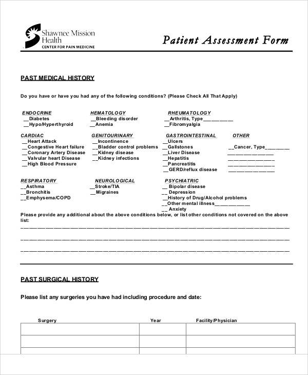 patient assessment medical form