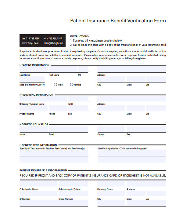 patient insurance benefit verification form