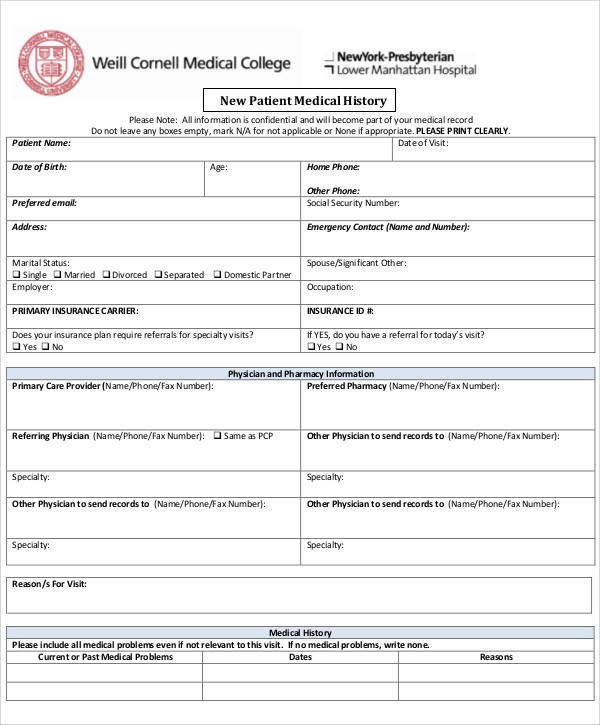 patient medical record form