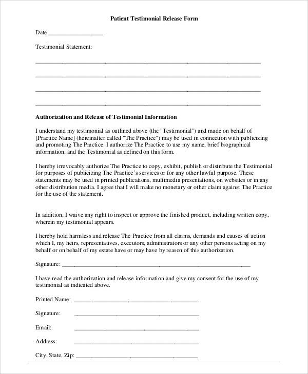 patient testimonial release form