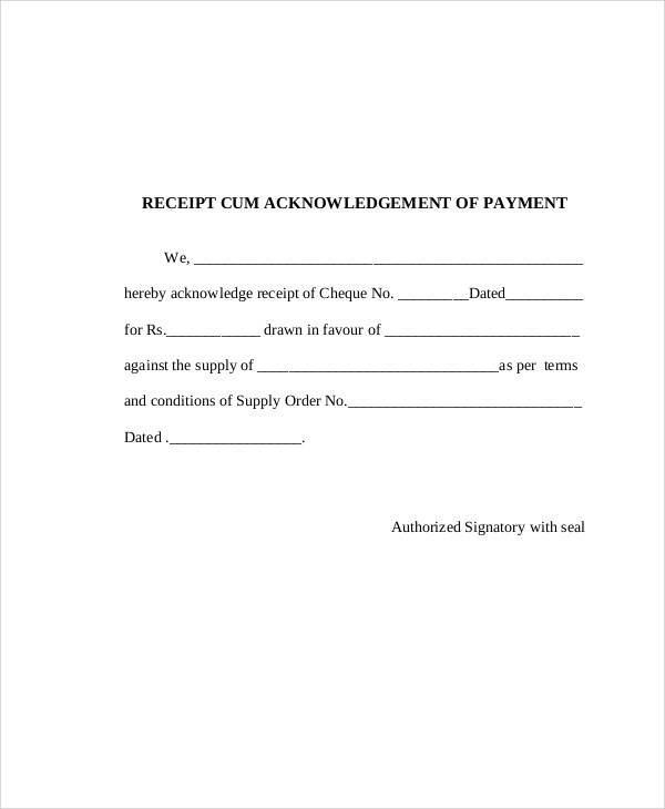 payment acknowledgement receipt sample