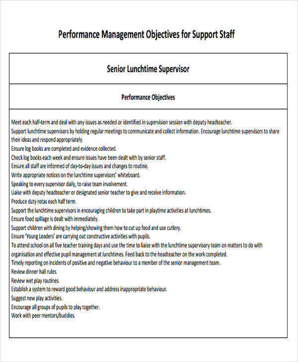 performance management objectives for support staff