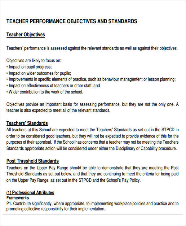 performance objectives example for teachers