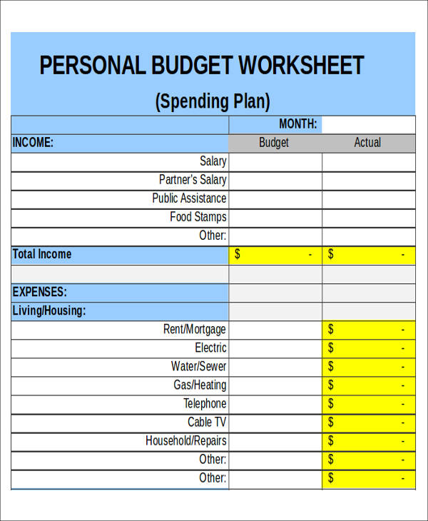 sample budget for one person