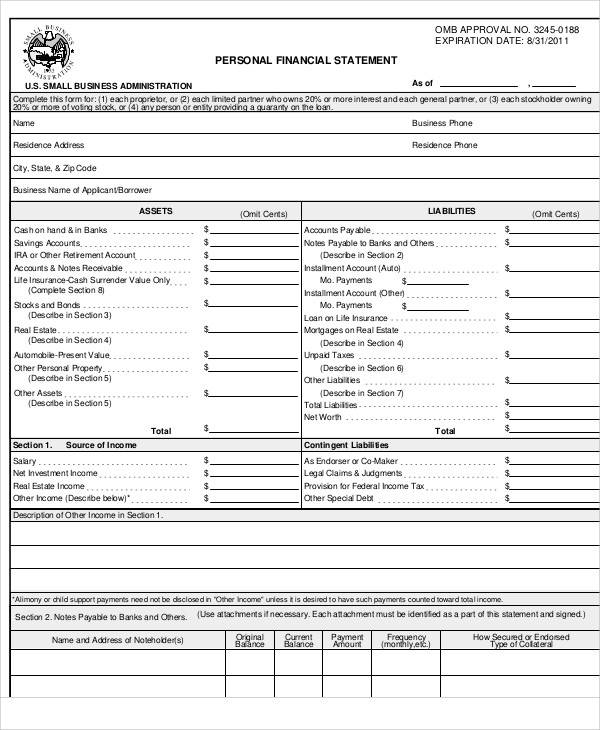 personal business financial statement form