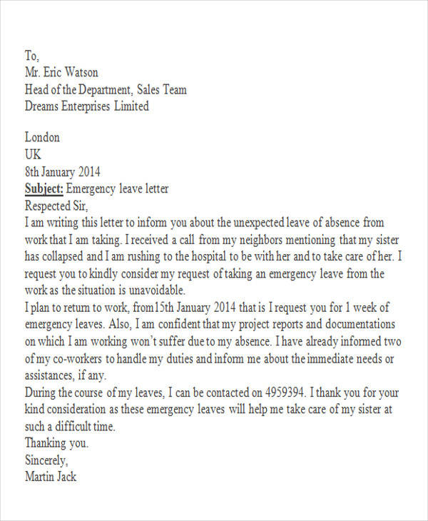 Emergency Leave Request Letter