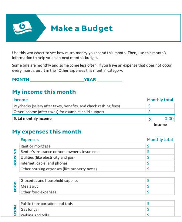 personal financial budget form
