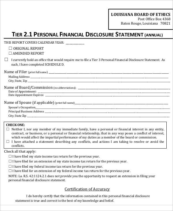 personal financial disclaimer statement form