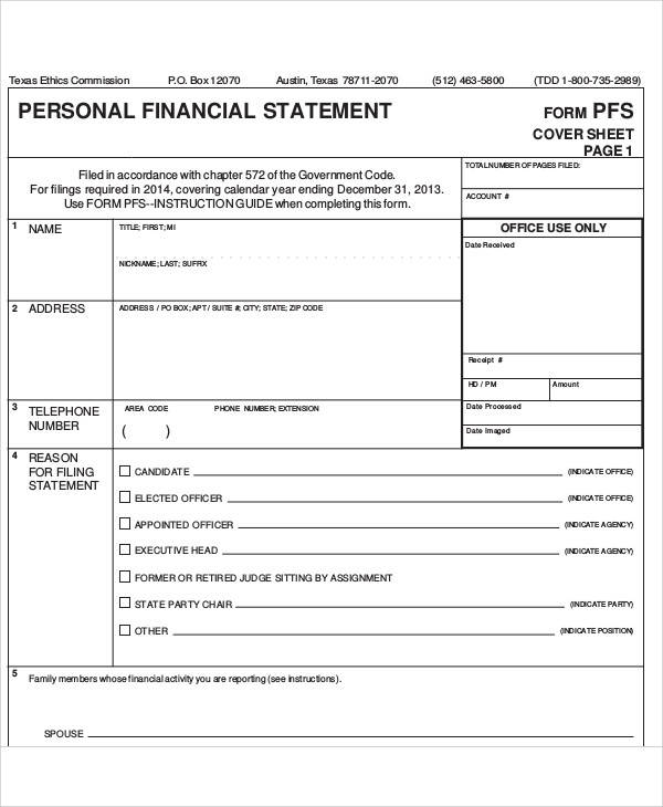 personal financial statement form example