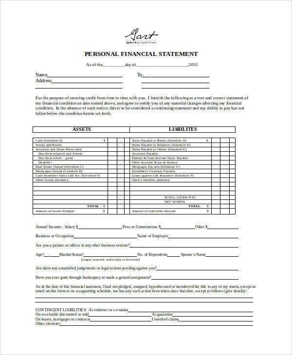 personal financial statement form