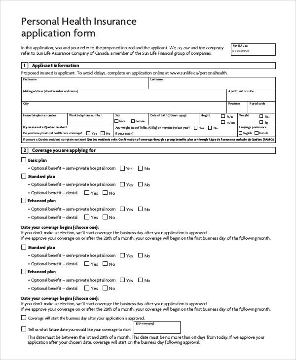 personal health insurance application form