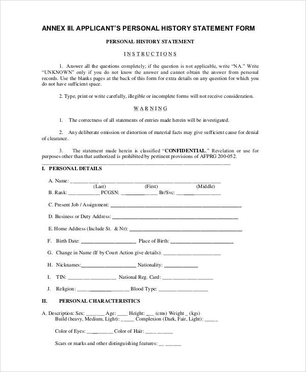 personal history statement form1