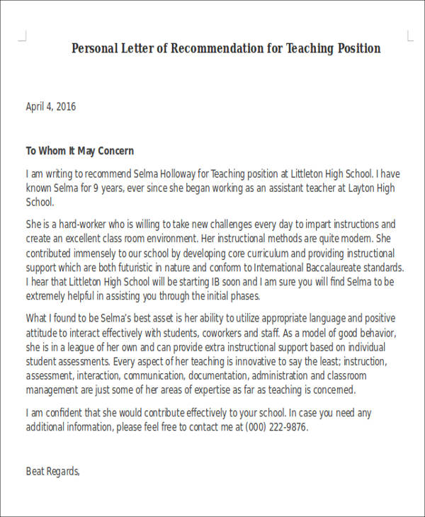 Letter Of Recommendation For Teacher Position from images.sampletemplates.com