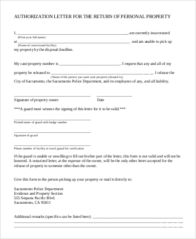 personal property authorization letter