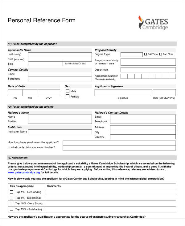 personal reference application form